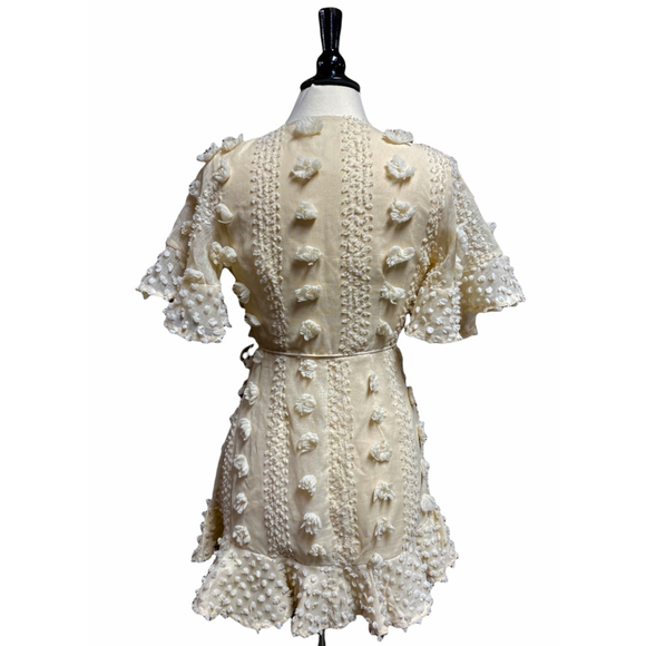 Indikah Cream Pom Pom Wrap Short Sleeve Dress Size Small NWOT - Picture 6 of 11